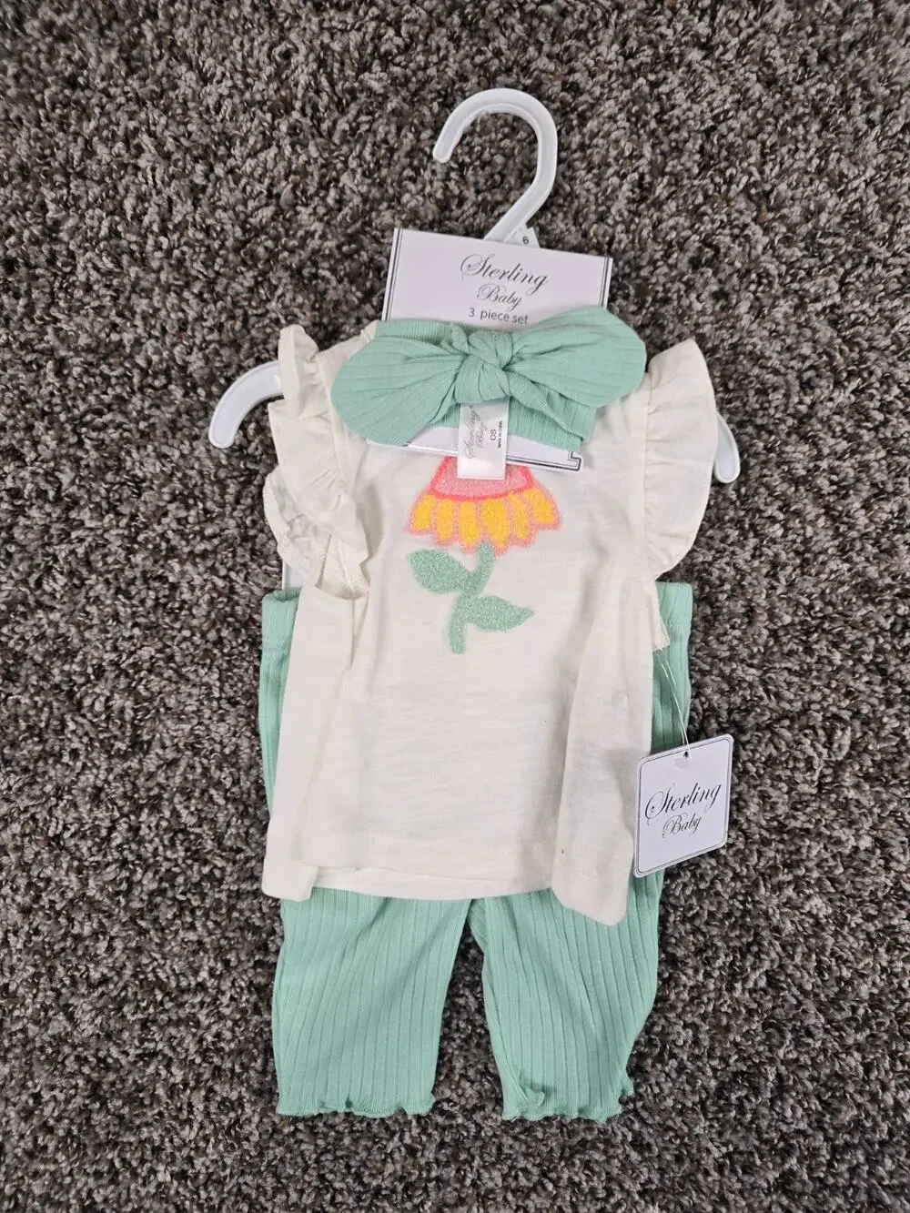 Sterling Baby Girls Sz 6M 3 Piece Outfit Set White Sage Green Floral Print NEW